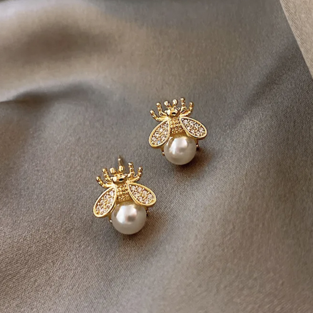 Bumble Bee Gold Tone Pearl Earrings Stud Women Gift Honey Bee Minimalist Jewelry